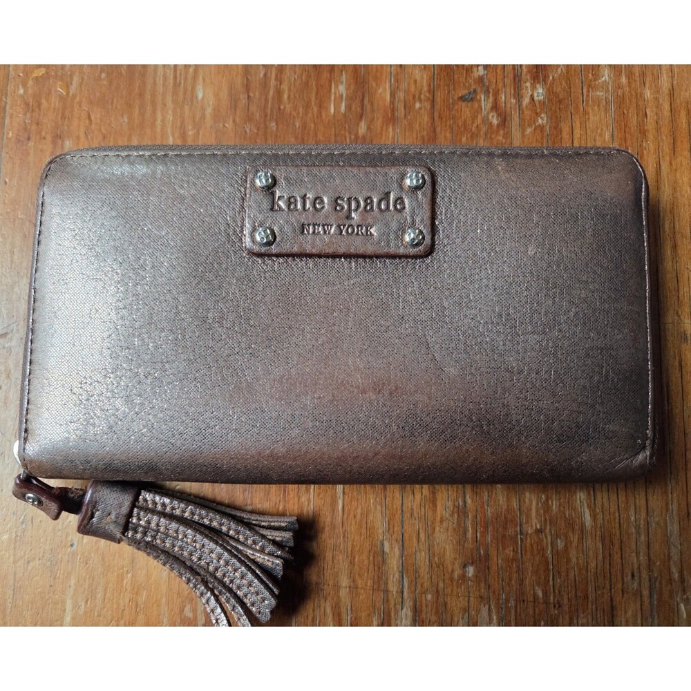 Kate Spade Metallic Gold Bronze Leather Zip Around Wallet With Tassel